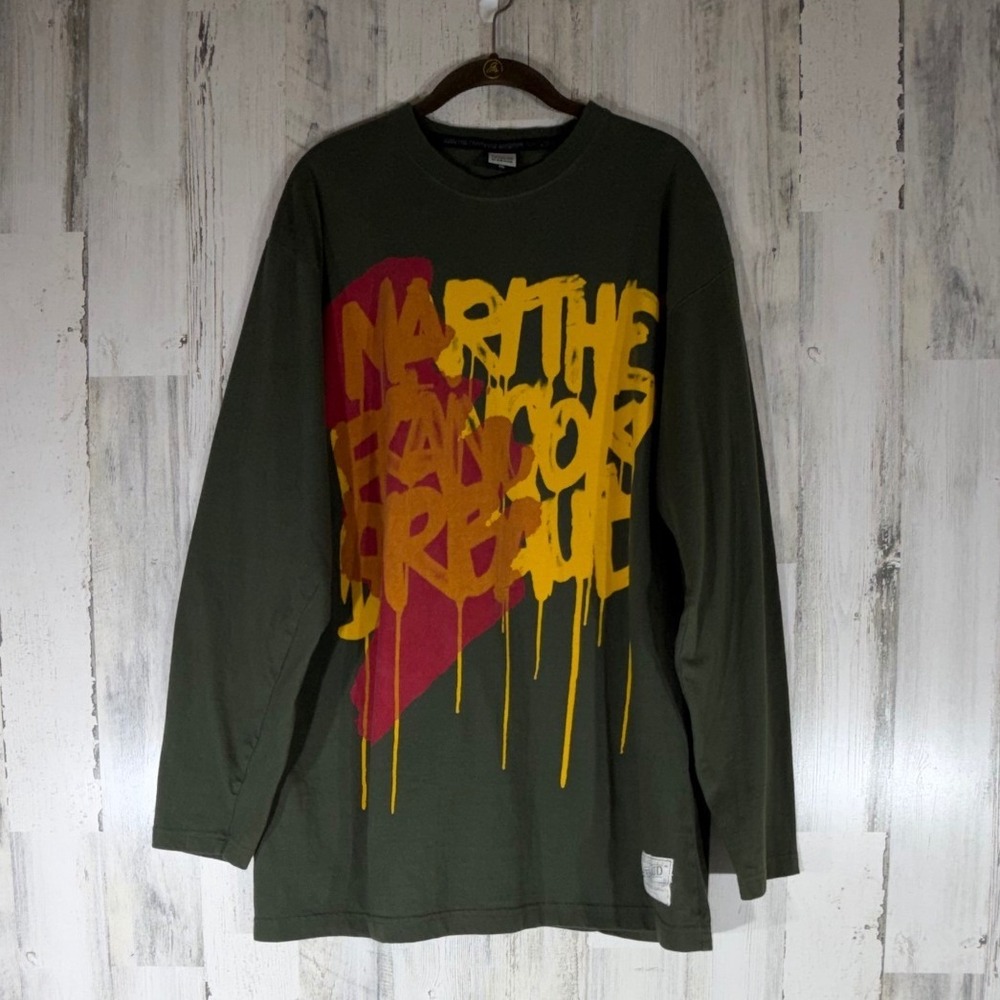 Marithe Francois Girbaud Graphic TShirt Olive Green Graffiti Drip Logo 90s READ